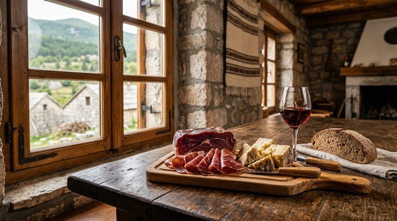 Plateau de jambon de Njeguši et fromage local avec un verre de vin rouge, spécialités gastronomiques du Monténégro
