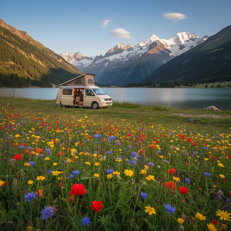 Van aménagé garé dans un prairie de fleurs sauvages au bord d