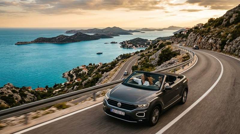 Couple en cabriolet sur une route côtière en Dalmatie avec vue sur les îles croates au coucher du soleil