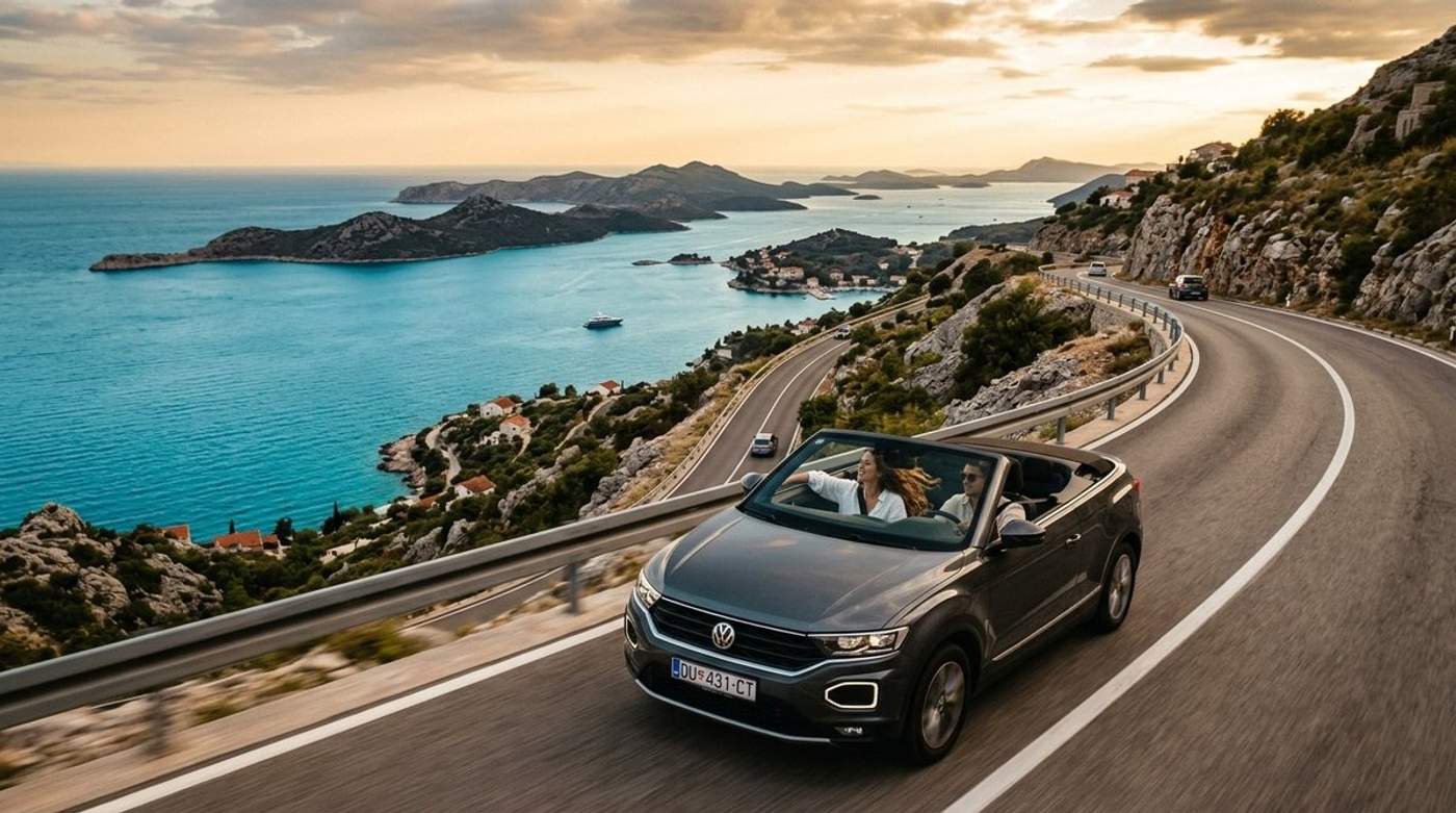 Couple en cabriolet sur une route côtière en Dalmatie avec vue sur les îles croates au coucher du soleil