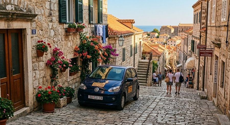 Petite voiture de location garée dans une ruelle pavée de Dubrovnik, Croatie