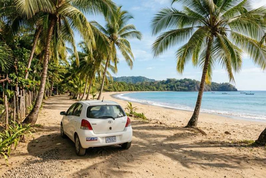 Petite voiture de location garée sur une plage bordée de palmiers à Playa Sámara, péninsule de Nicoya, Costa Rica