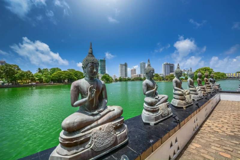 Statues de Bouddha alignées au temple Gangaramaya à Colombo, avec vue sur Beira Lake.