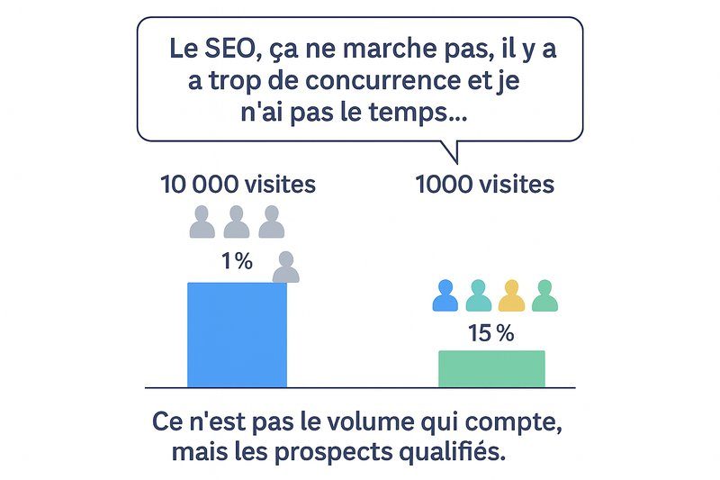 Infographie SEO montrant la différence entre 10 000 visites avec 1 % de conversion et 1000 visites avec 15 % de prospects qualifiés.