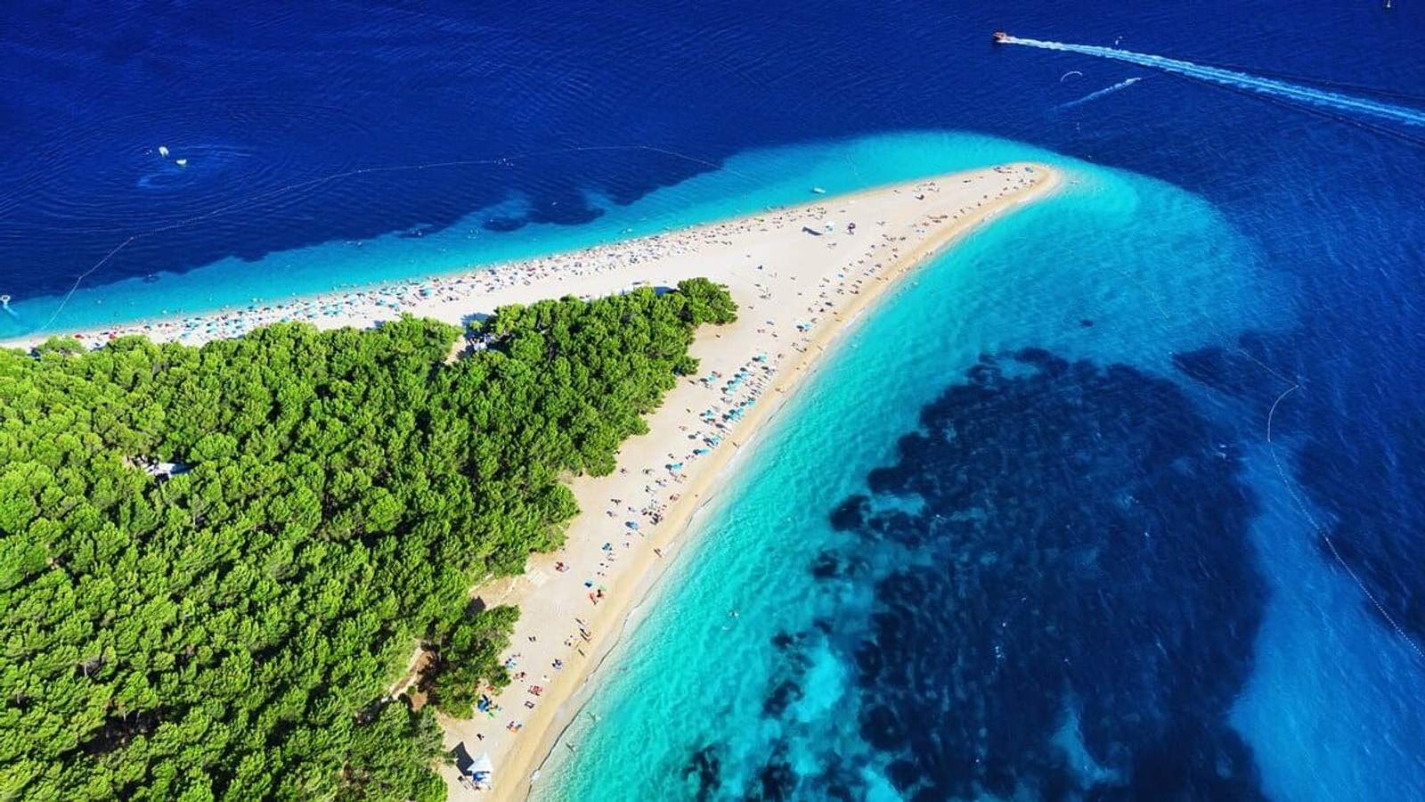 Vue aérienne de la plage Zlatni Rat à Bol, en Croatie, avec sa langue de galets entourée d’une mer turquoise et d’une forêt de pins.