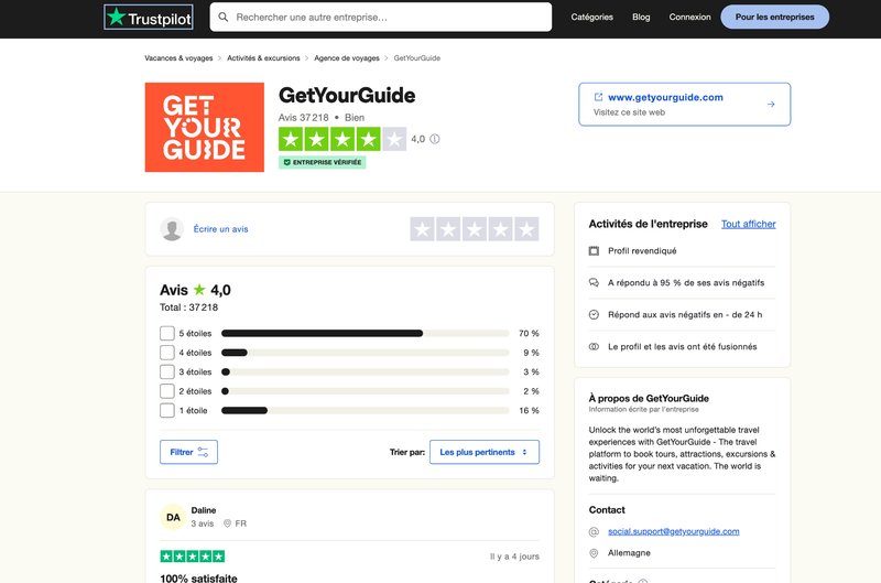 Avis Trustpilot sur GetYourGuide avec une note globale de 4 étoiles.