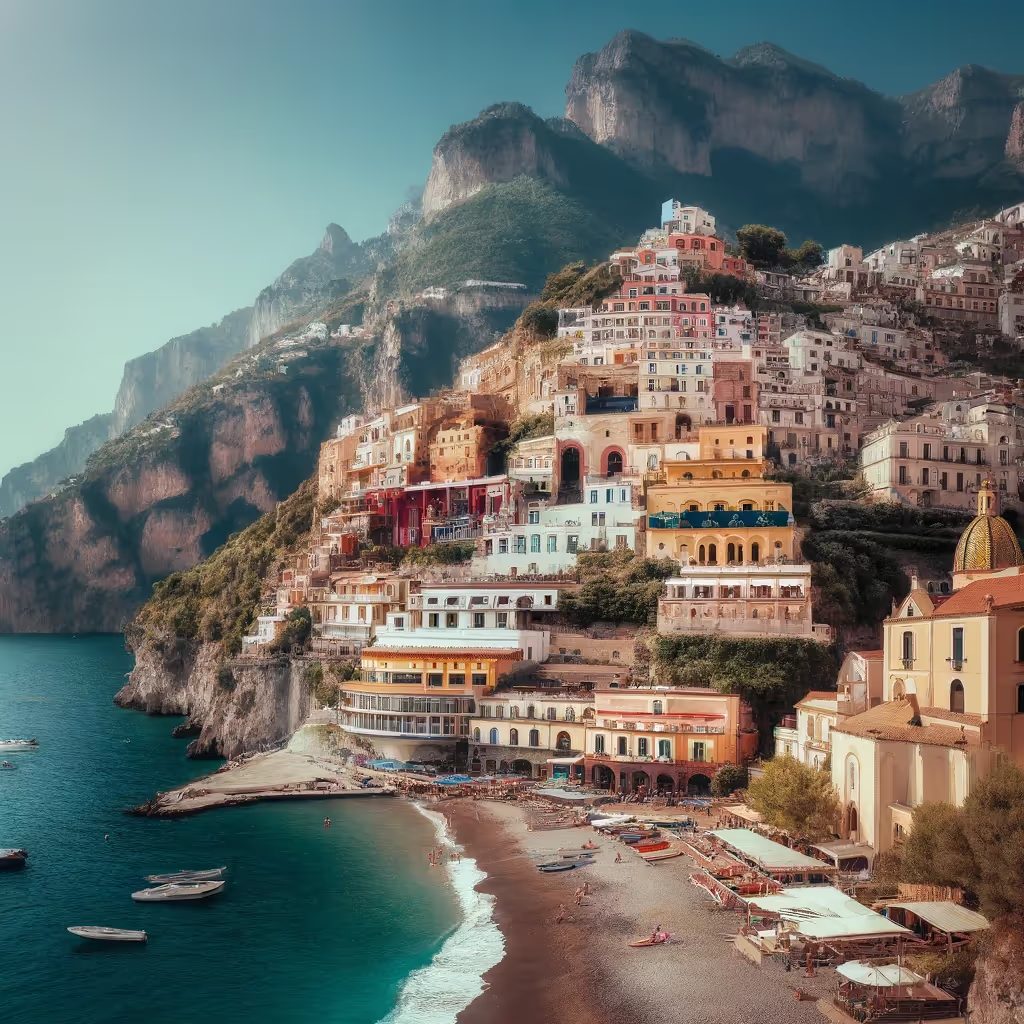 La ville de Positano sur la Côte Amalfitaine avec ses maisons colorées construites dans la falaise au-dessus de la mer Méditerranée.