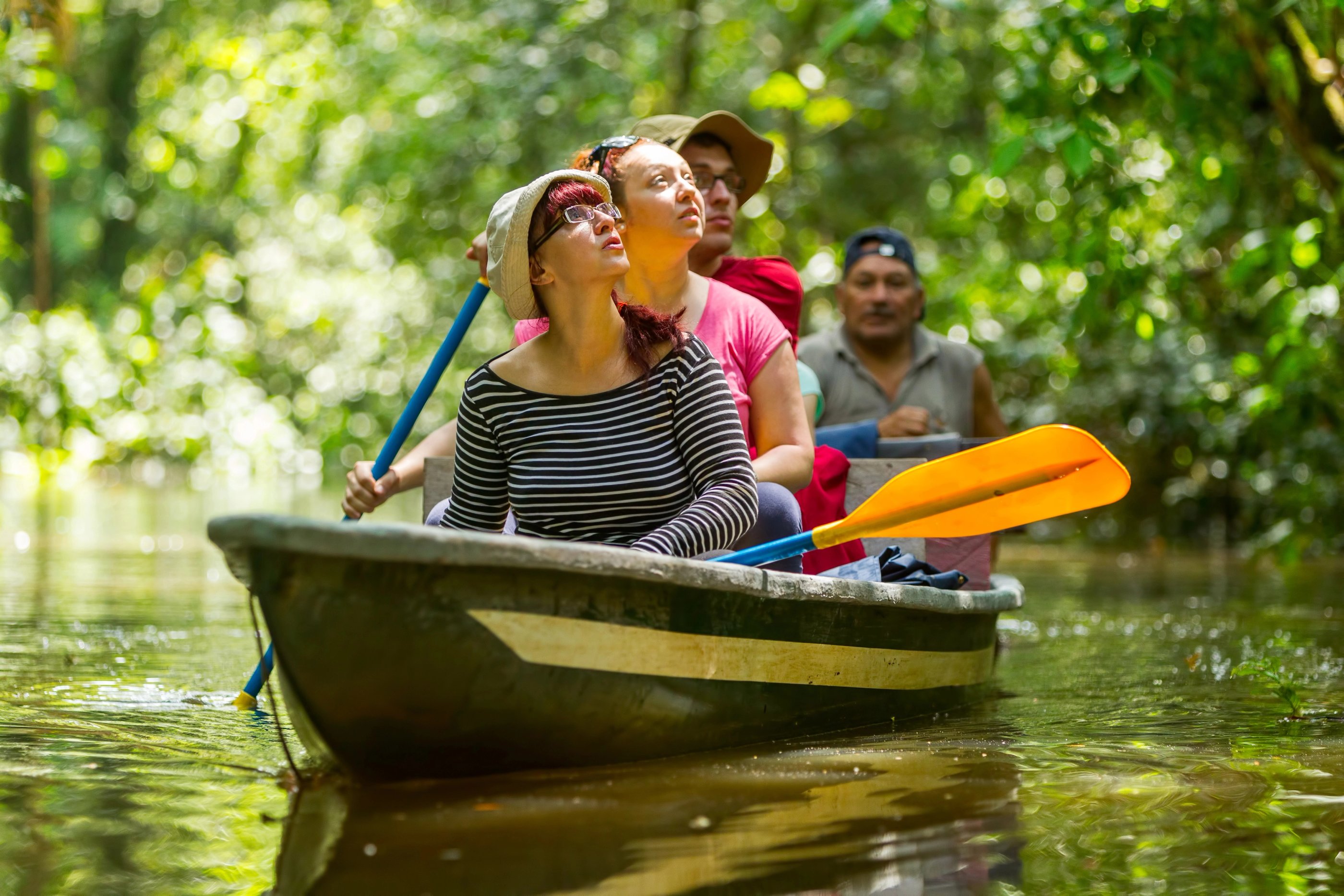 Un groupe de voyageurs en canoë sur une rivière bordée de forêt