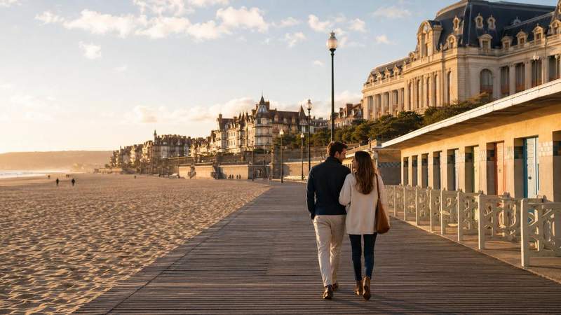 Couple se promenant sur les Planches de Deauville au coucher du soleil, face à la mer et aux villas balnéaires