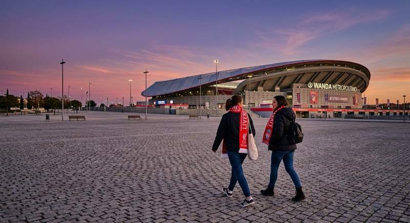 Deux supporters en écharpes de club traversant l'esplanade d'un stade européen moderne au crépuscule, ciel violet et orange en arrière-plan, tourisme sportif en Europe.