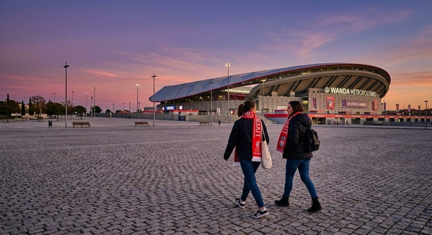 Deux supporters en écharpes de club traversant l'esplanade d'un stade européen moderne au crépuscule, ciel violet et orange en arrière-plan, tourisme sportif en Europe.