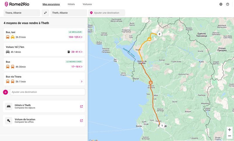 Carte montrant les différentes options de transport pour se rendre de Tirana à Theth, en Albanie, incluant bus, taxi et voiture.