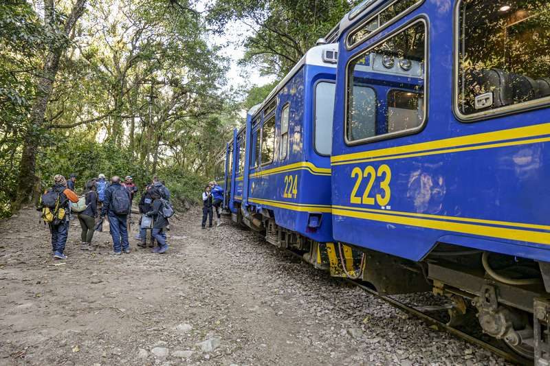 Voyageurs descendant d’un train peru rail au milieu d’une forêt, prêts à commencer la visite du Macchu Pichu.