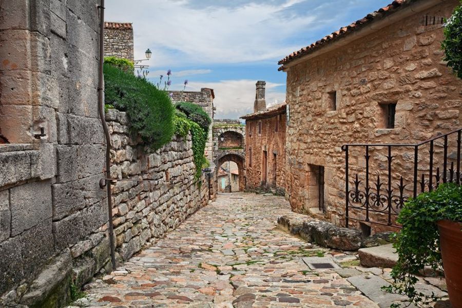Charmante ruelle pavée à Lacoste, entourée de maisons en pierre et de fleurs.