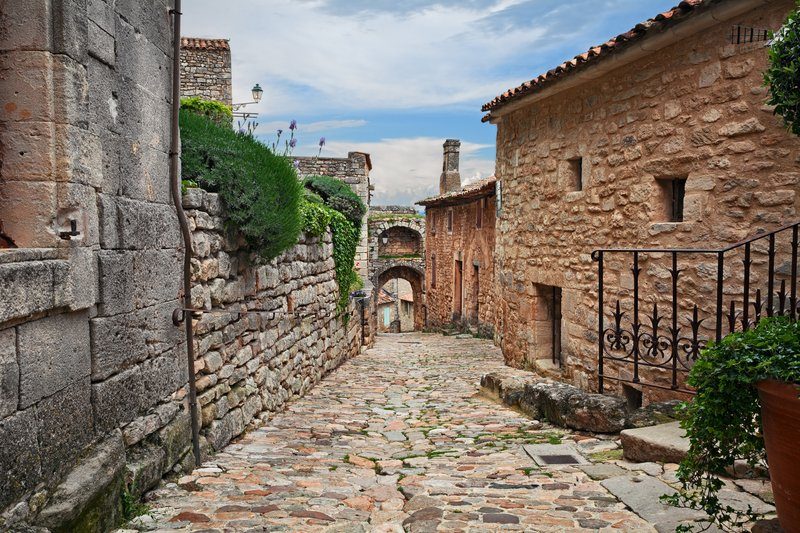 Charmante ruelle pavée à Lacoste, entourée de maisons en pierre et de fleurs.