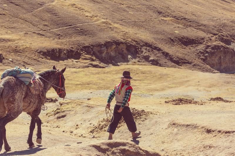 Guide local péruvien menant un cheval près de Vinicunca