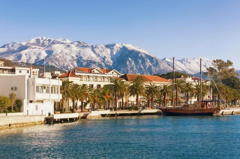 Marina de Tivat au Monténégro avec palmiers et montagnes enneigées en arrière-plan