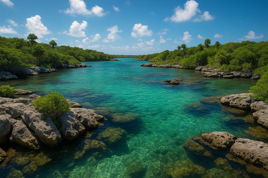 Vue panoramique d’une lagune turquoise entourée de rochers et de végétation tropicale à Yal Ku, sous un ciel bleu parsemé de nuages.