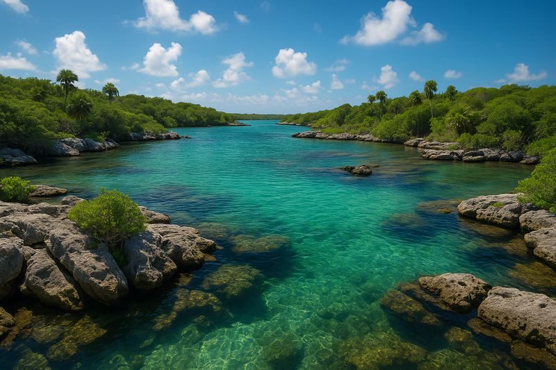 Vue panoramique d’une lagune turquoise entourée de rochers et de végétation tropicale à Yal Ku, sous un ciel bleu parsemé de nuages.