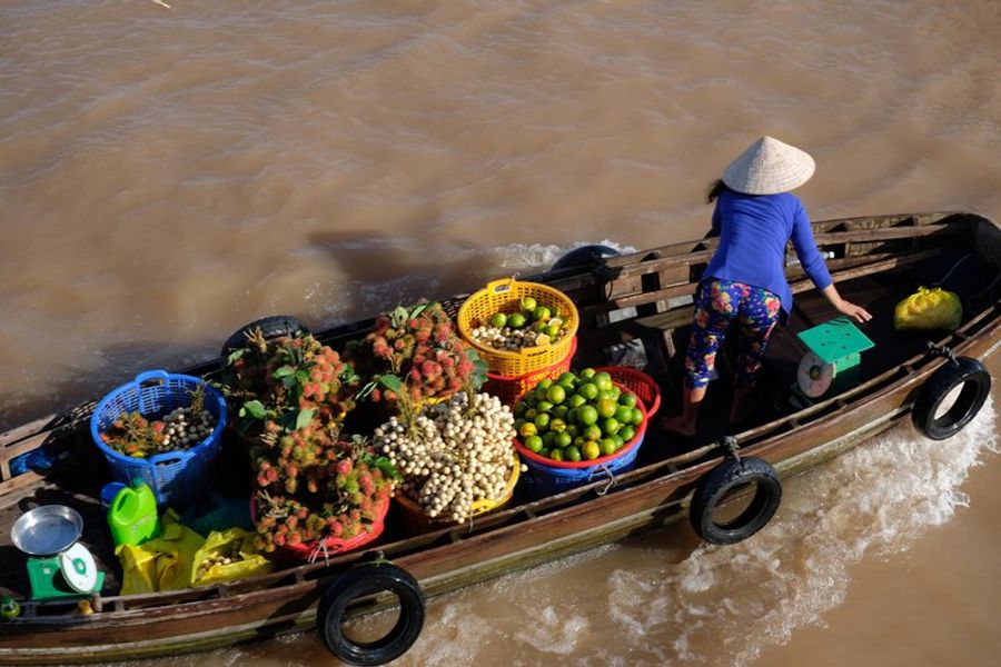 Femme en bateau vendant des fruits au marché flottant de Tra On, dans le delta du Mékong