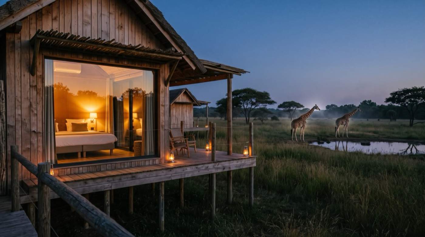 Lodge en bois avec vue sur des girafes au crépuscule dans un parc animalier français