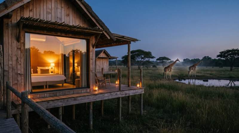 Lodge en bois avec vue sur des girafes au crépuscule dans un parc animalier français