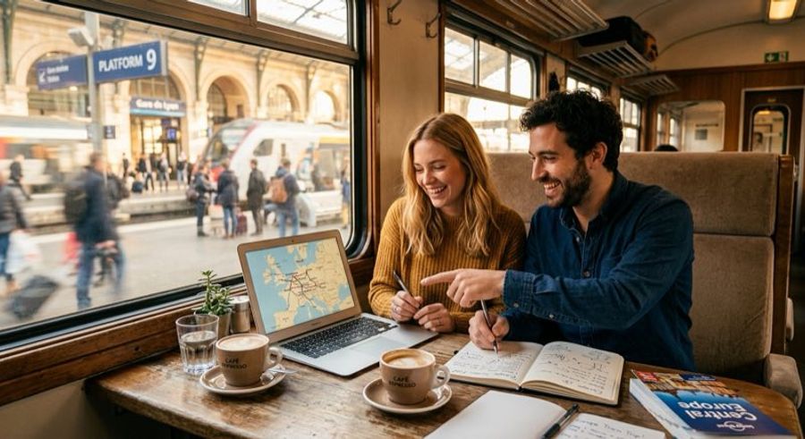 Couple planifiant son voyage en train en Europe avec une carte des itinéraires, pass Interrail et coffee