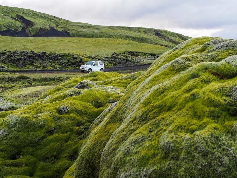 4x4 blanc sur une piste de gravier en Islande traversant un immense champ de mousse volcanique verte