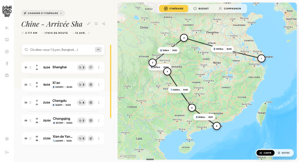 Itinéraire de road trip dans le planificateur de voyage gratuit LBRT Planner, avec les étapes datées, les distances calculées et la carte