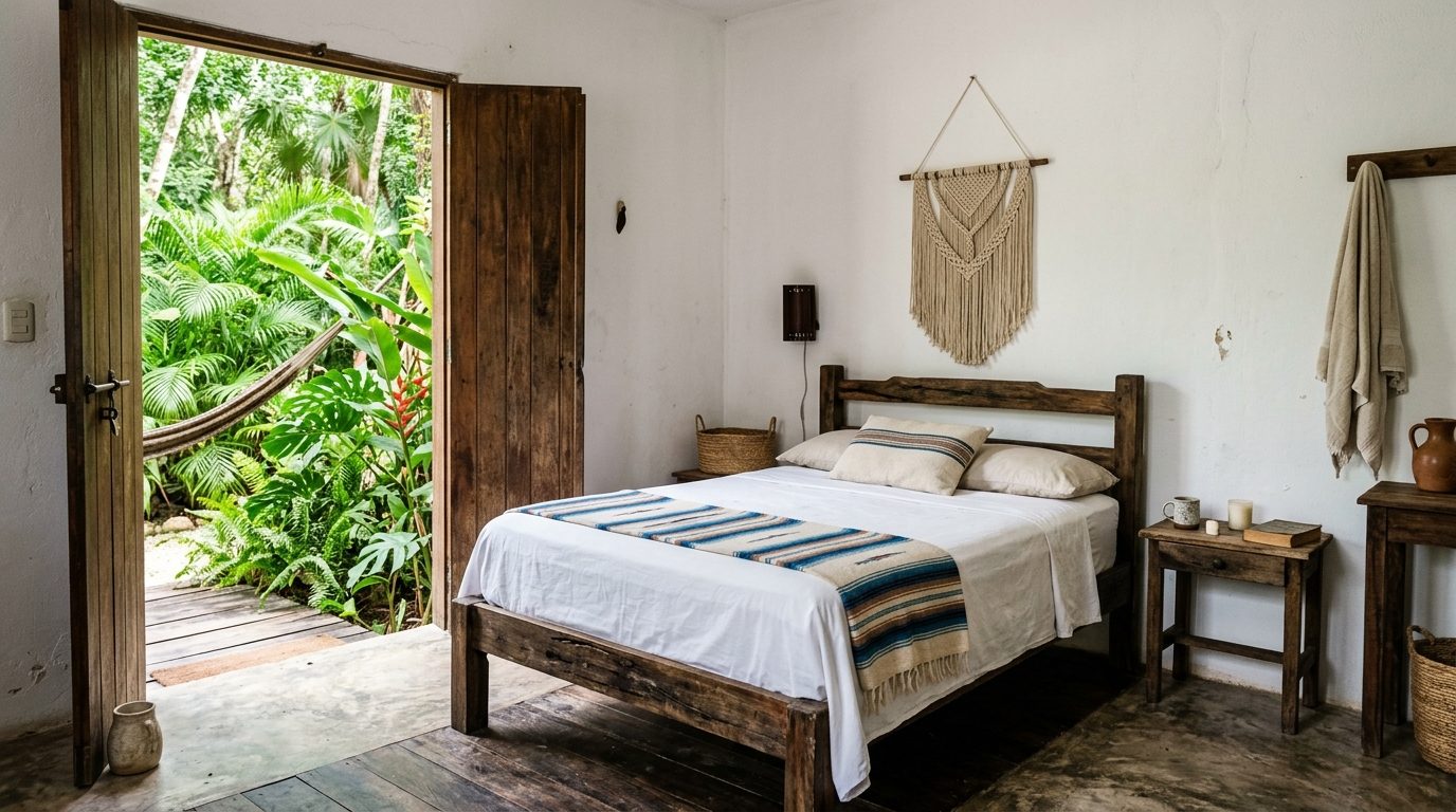 Chambre simple aux murs blancs, entourée d'une végétation tropicale dense
