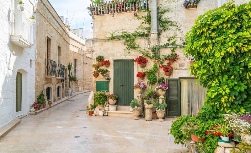 Une ruelle avec des murs en pierre et des fleurs décoratives.