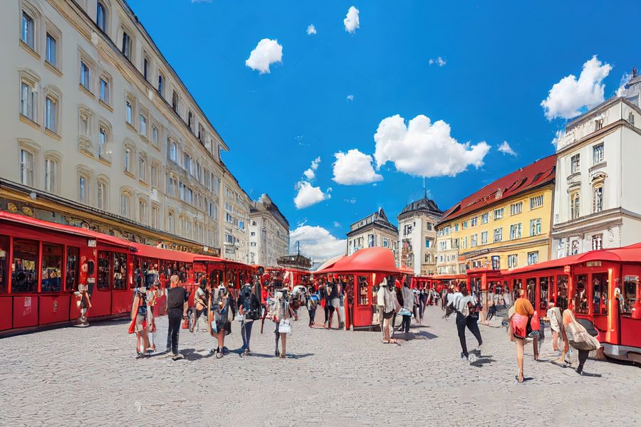 Une place animée avec des stands rouges sous un ciel bleu parsemé de nuages blancs. Les bâtiments environnants sont de style européen, avec des façades beiges et jaunes. Des passants se promènent, explorant les étals du marché.