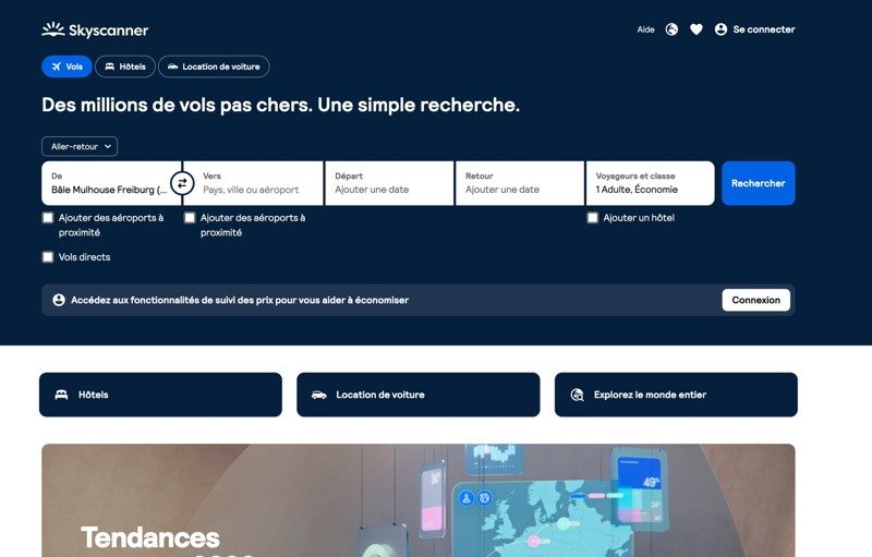 Page d’accueil du site Skyscanner avec moteur de recherche de vols pas chers.
