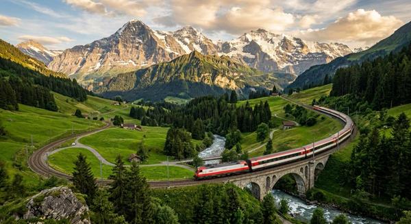 Train intercité européen traversant un paysage alpin au coucher du soleil, voyage en train avec le pass Interrail en Europe