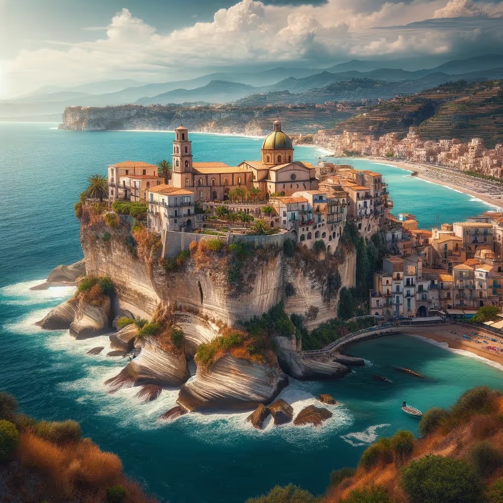 La ville côtière de Tropea en Calabre avec le Santuario di Santa Maria dell'Isola perché sur une falaise au-dessus de la mer Méditerranée.