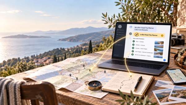 Ordinateur affichant ChatGPT avec Le Bon Road Trip Planner devant une carte routière, un carnet et une boussole