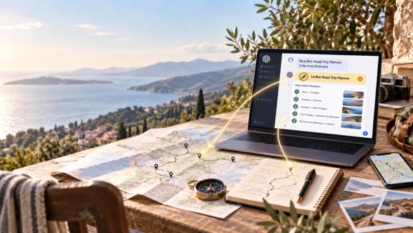 Ordinateur affichant ChatGPT avec Le Bon Road Trip Planner devant une carte routière, un carnet et une boussole