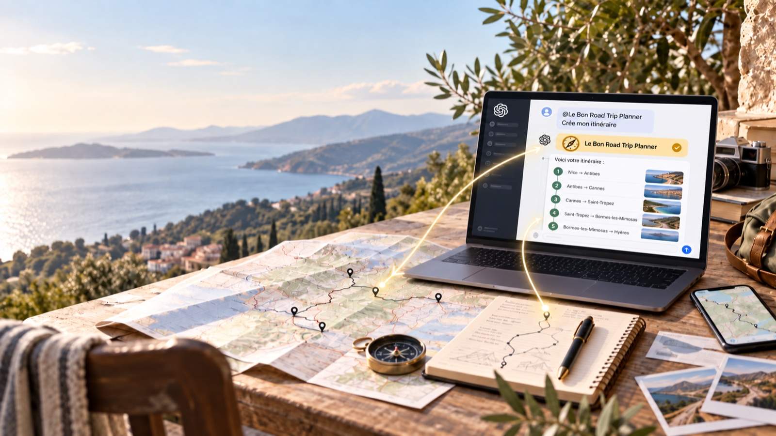 Ordinateur affichant ChatGPT avec Le Bon Road Trip Planner devant une carte routière, un carnet et une boussole