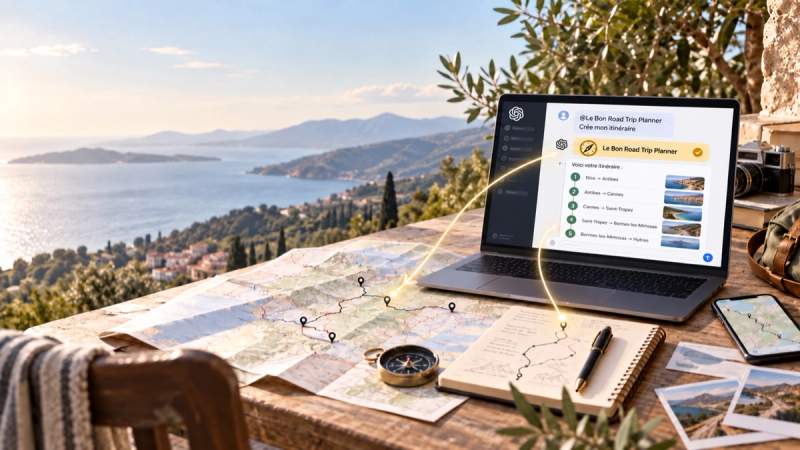 Ordinateur affichant ChatGPT avec Le Bon Road Trip Planner devant une carte routière, un carnet et une boussole