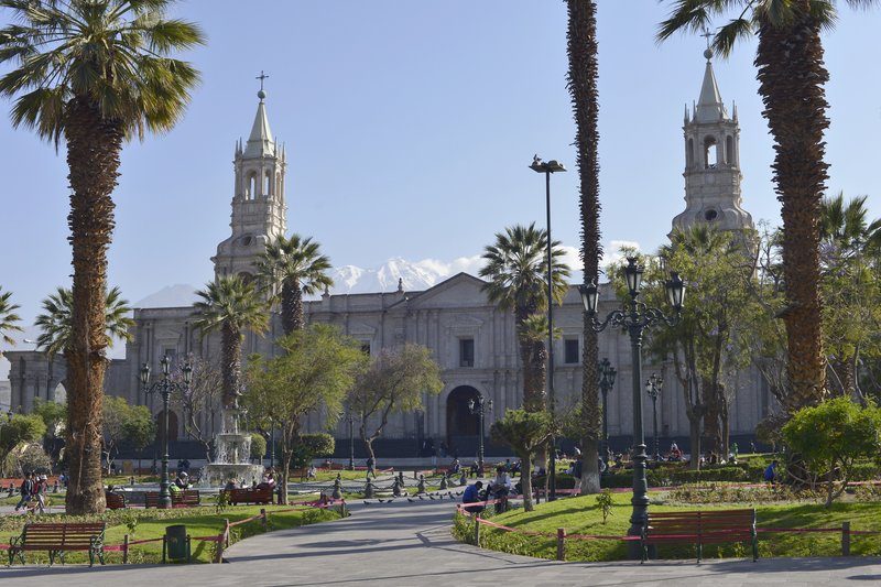 Vue sur la cathédrale d’Arequipa depuis la Plaza de Armas avec ses palmiers et fontaines.