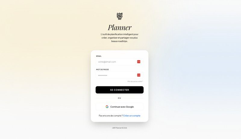 Page de connexion du LBRT Planner, application de planification d’itinéraires de Le Bon Road Trip
