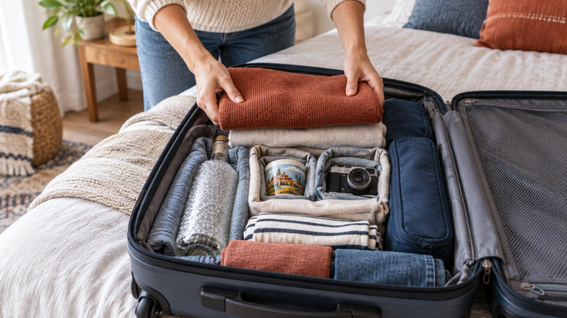 Valise ouverte avec vêtements et objets fragiles soigneusement protégés avant un voyage