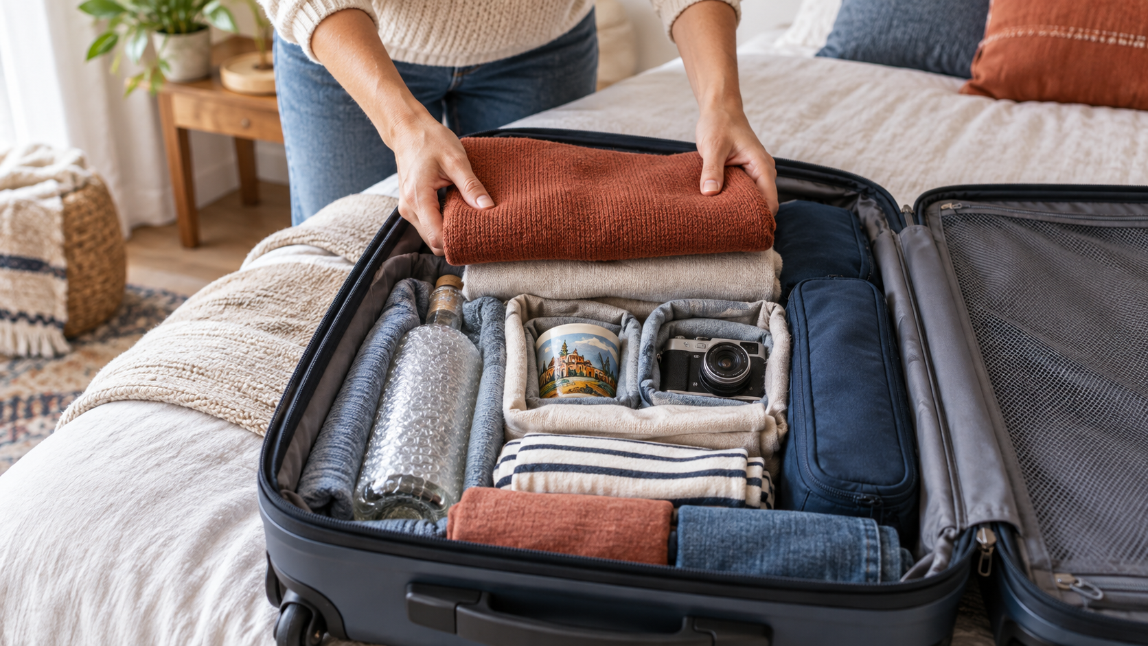 Valise ouverte avec vêtements et objets fragiles soigneusement protégés avant un voyage