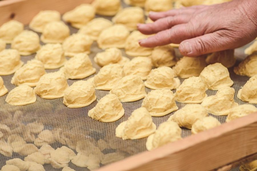 Orecchiette fraîchement préparées à la main, disposées sur un tamis pour le séchage.