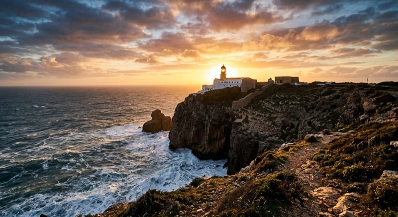 Coucher de soleil sur les falaises vertigineuses du Cabo de Sao Vicente à Sagres, Portugal.