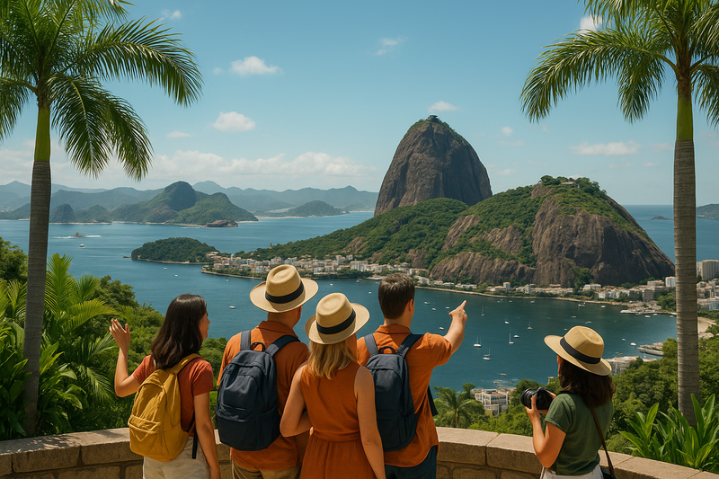 Groupe de voyageurs admirant la baie de Rio de Janeiro avec le Pain de Sucre en arrière-plan, sous un ciel bleu tropical.