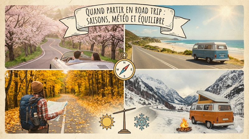 Illustration des quatre saisons pour un road trip : printemps fleuri, été en bord de mer, automne coloré et hiver enneigé en van aménagé