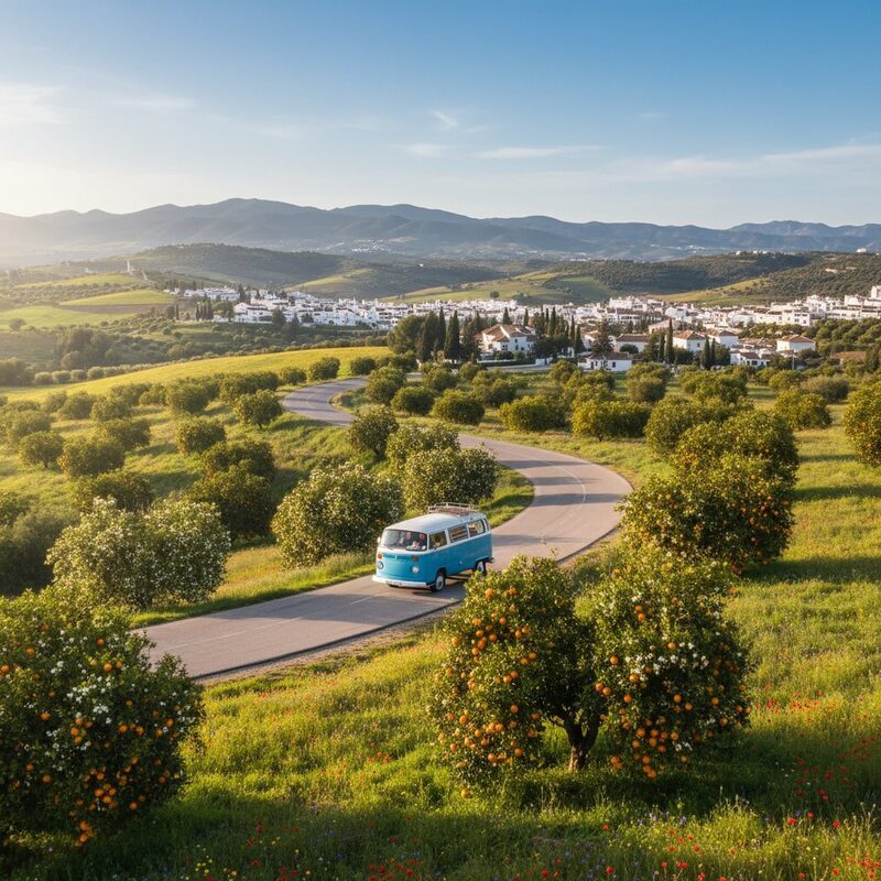 Combi Volkswagen bleu sur une route sinueuse bordée d