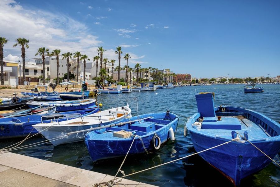 Bateaux de pêche colorés à Porto Cesareo, alignés dans le port.