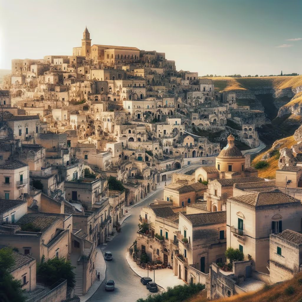 Vue de Basilicata, Italie, avec les anciennes habitations troglodytes de Matera creusées dans la colline. La scène comprend des bâtiments en pierre historique et des rues étroites.